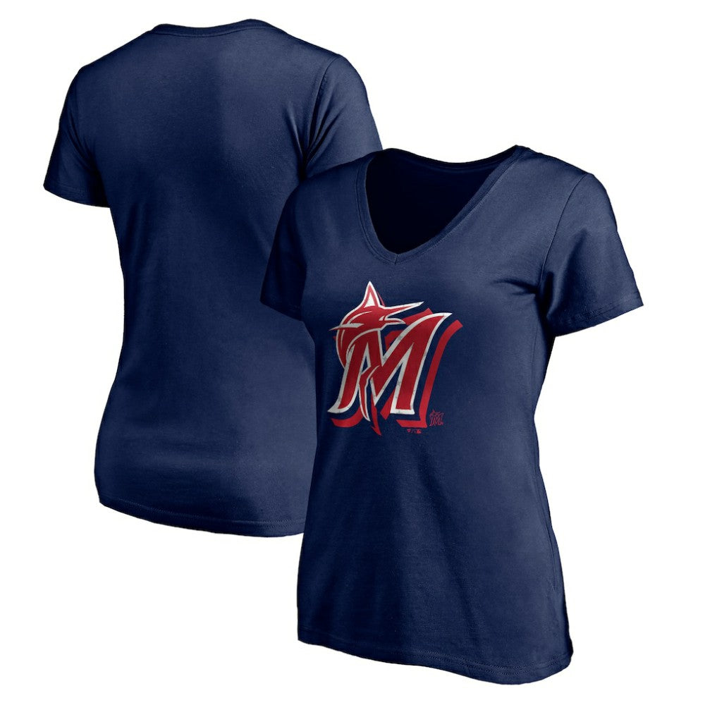 Miami Marlins Women's Red White and Team V-Neck T-Shirt - Navy T-shirts