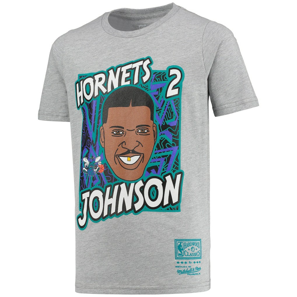 Larry Johnson Charlotte Hornets Youth Hardwood Classics King of the Court Player T-Shirt Gray - Mitchell & Ness