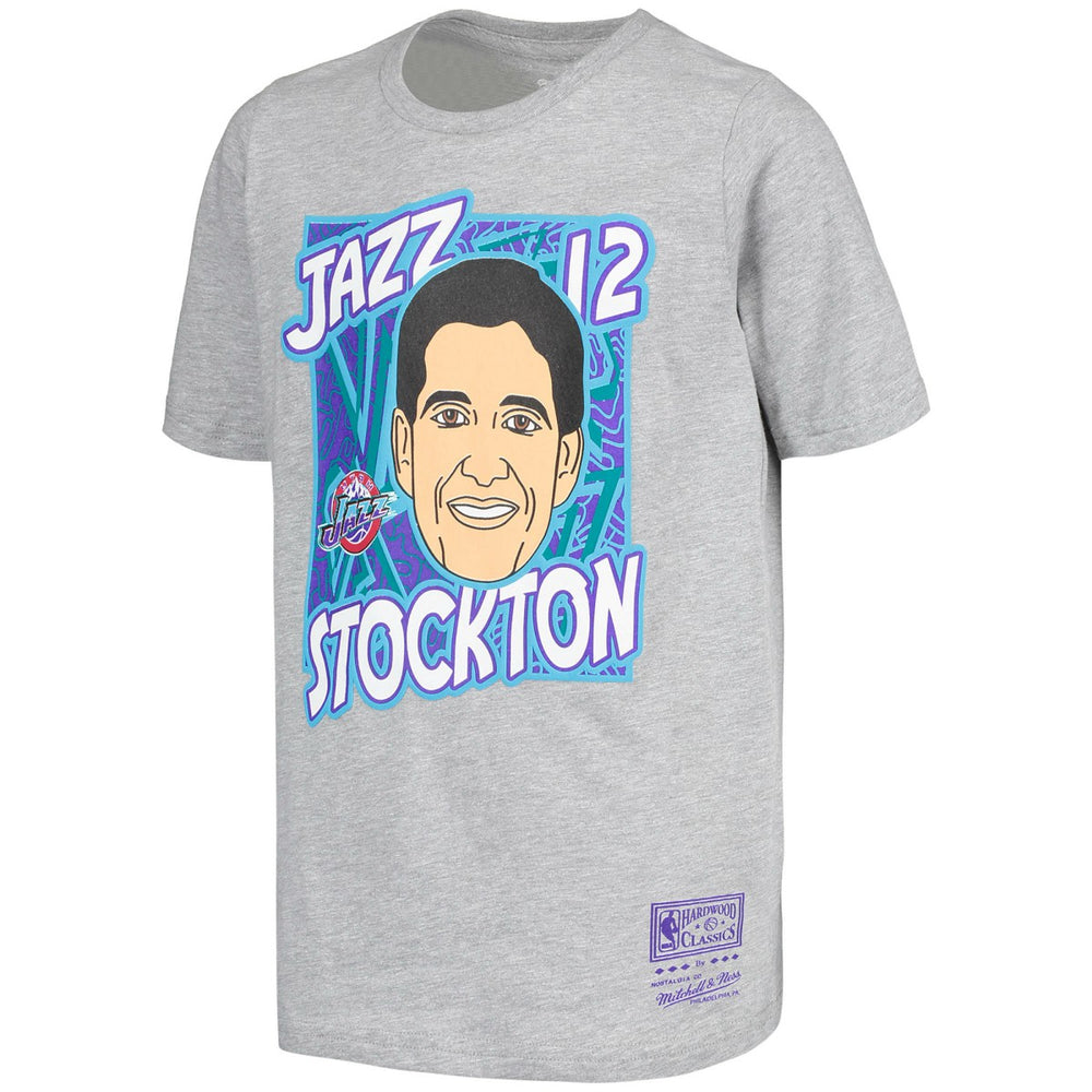 John Stockton Utah Jazz Youth Hardwood Classics King of the Court Player T-Shirt Gray - Mitchell & Ness
