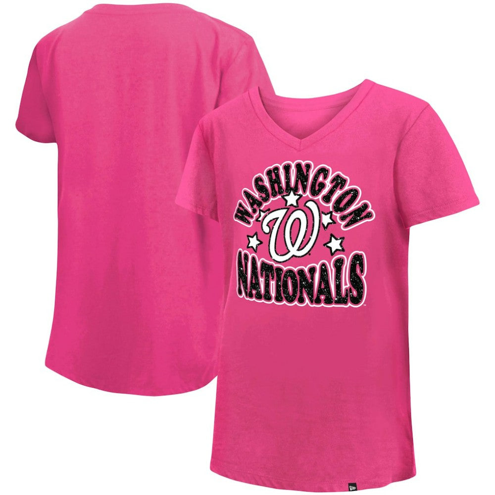 Washington Nationals New Era Girl's Youth Jersey Stars V-Neck T-Shirt - Pink Jerseys