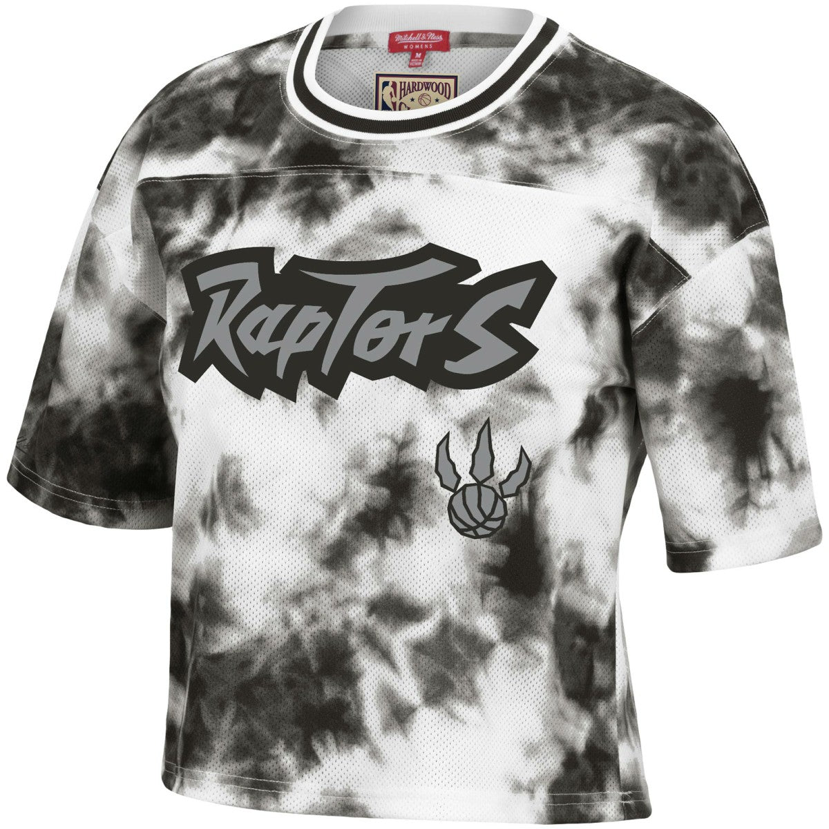 Toronto Raptors Women's Hardwood Classics Tie-Dye Cropped T-Shirt Black/White - Mitchell & Ness