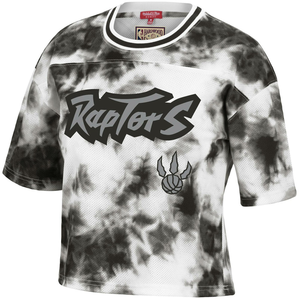 Toronto Raptors Women's Hardwood Classics Tie-Dye Cropped T-Shirt Black/White - Mitchell & Ness