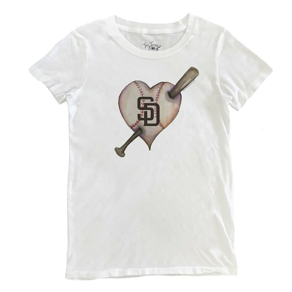 San Diego Padres Tiny Turnip Women's Heart Bat T-Shirt - White T-shirts
