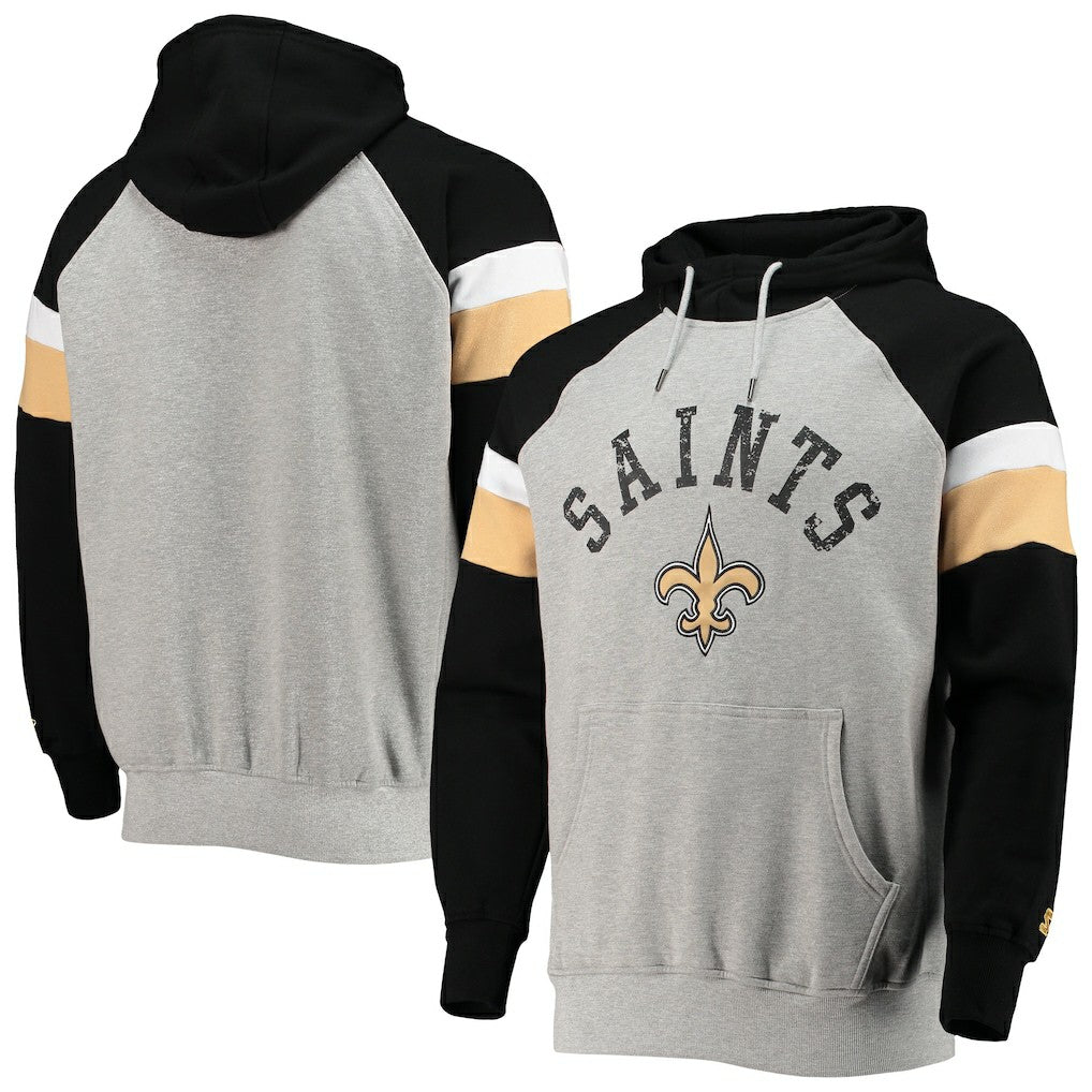 New Orleans Saints Starter Home Run Raglan Pullover Hoodie - Heathered Gray/Black Hoodies