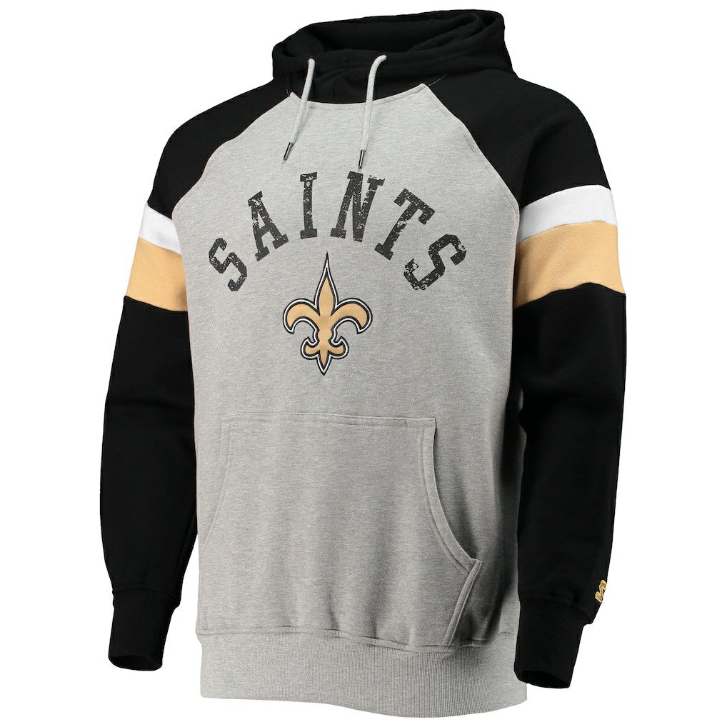 New Orleans Saints Starter Home Run Raglan Pullover Hoodie - Heathered Gray/Black Hoodies