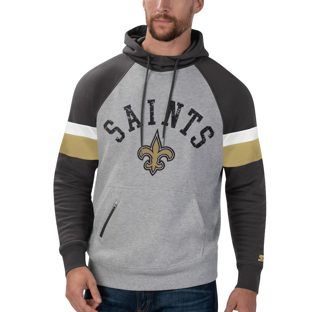 New Orleans Saints Starter Home Run Raglan Pullover Hoodie - Heathered Gray/Black Hoodies