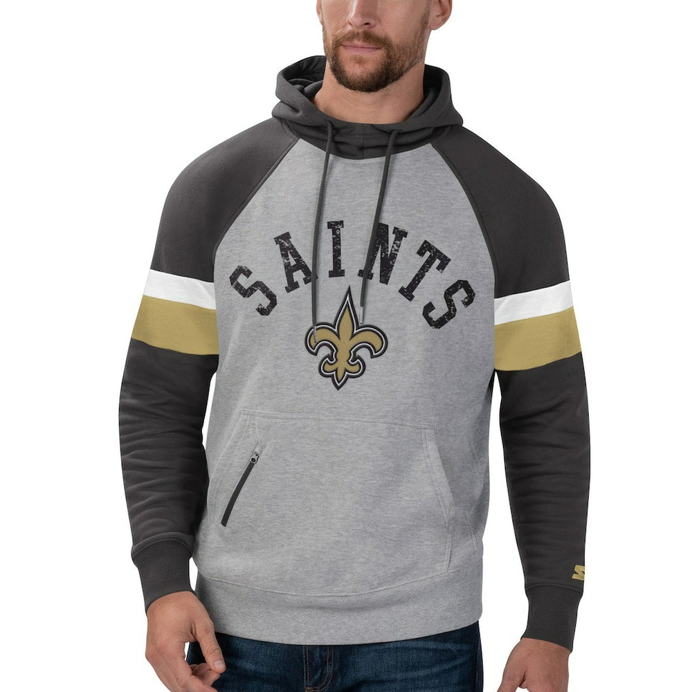 New Orleans Saints Starter Home Run Raglan Pullover Hoodie - Heathered Gray/Black Hoodies