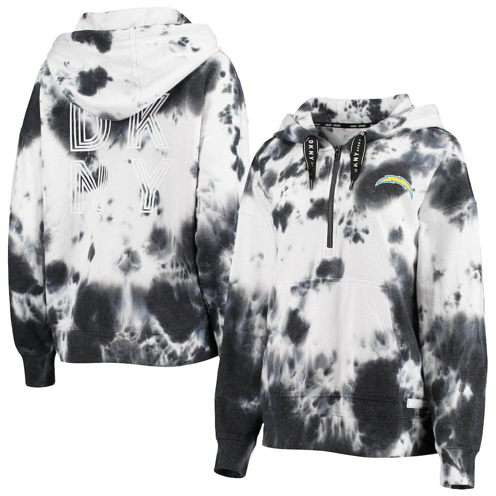 Los Angeles Chargers DKNY Sport Women's Dakota Oversized Tie-Dye Half-Zip Hoodie - White/Black Hoodies
