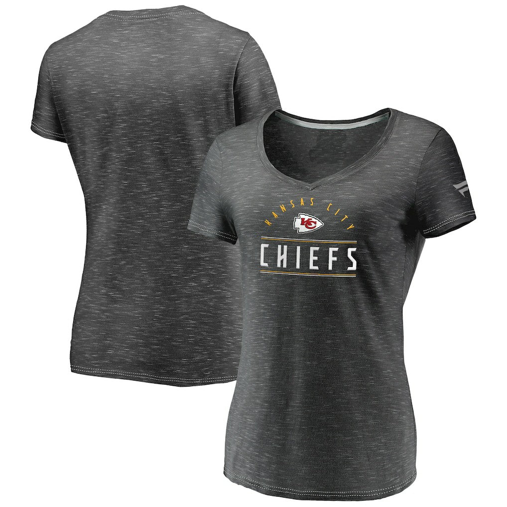 Kansas City Chiefs Women's League Leader Space Dye V-Neck T-Shirt - Charcoal T-shirts