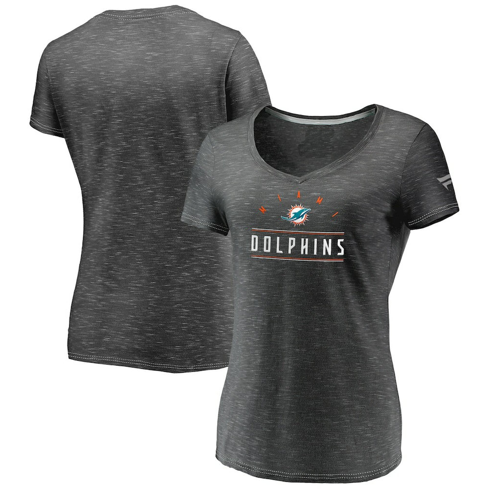Miami Dolphins Women's League Leader Space Dye V-Neck T-Shirt - Charcoal T-shirts