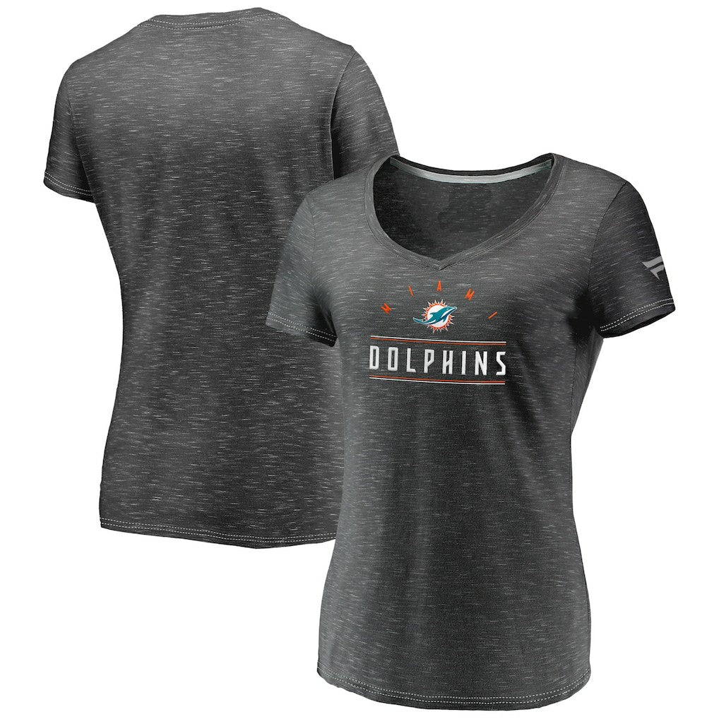 Miami Dolphins Women's League Leader Space Dye V-Neck T-Shirt - Charcoal T-shirts