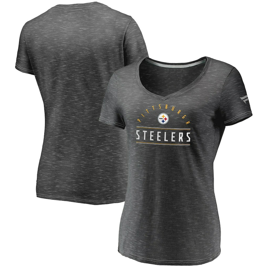 Pittsburgh Steelers Women's League Leader Space Dye V-Neck T-Shirt - Charcoal T-shirts
