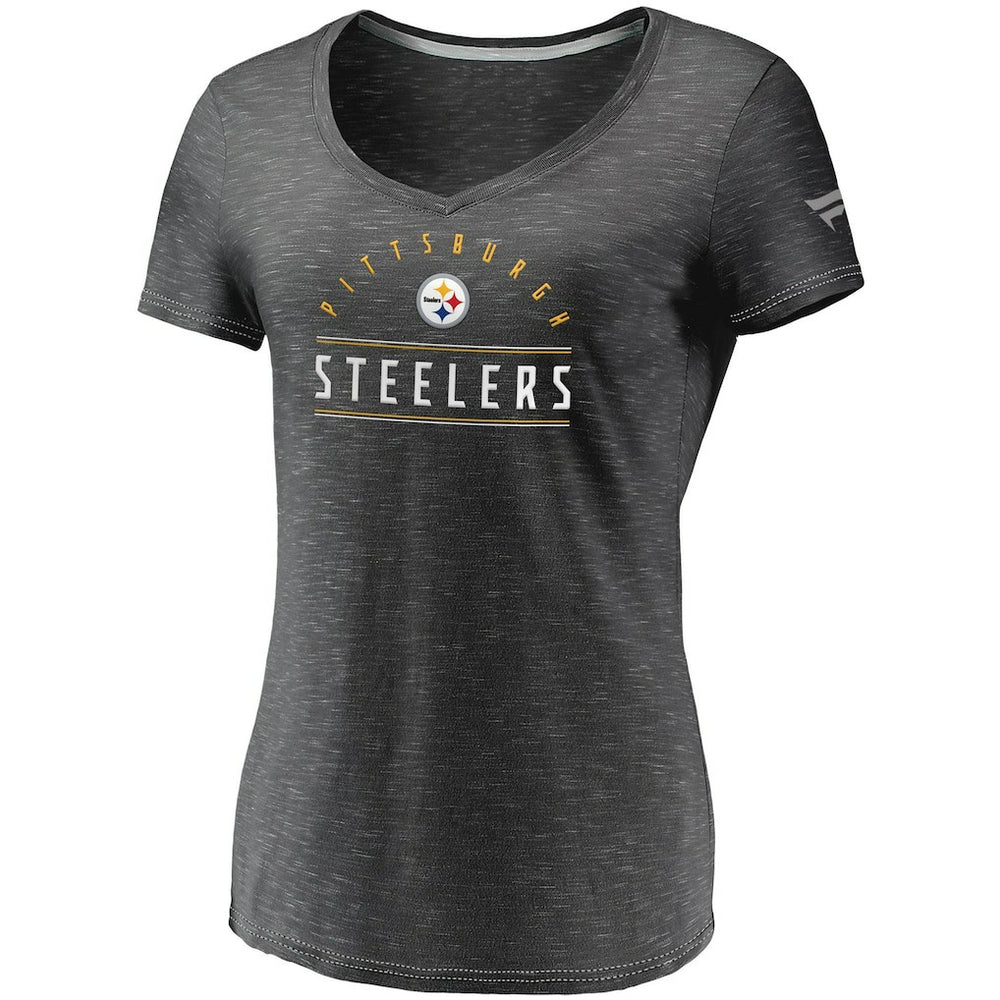 Pittsburgh Steelers Women's League Leader Space Dye V-Neck T-Shirt - Charcoal T-shirts