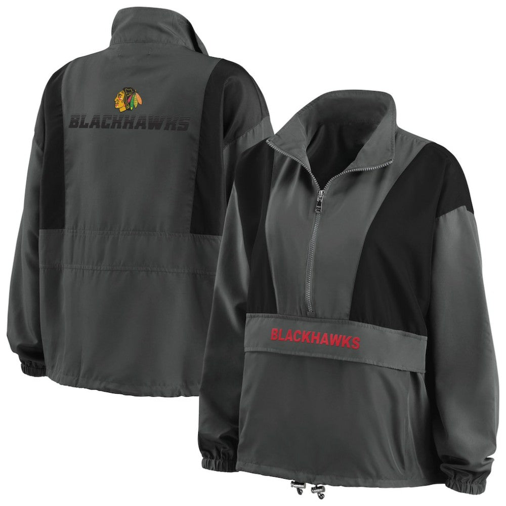 Chicago Blackhawks WEAR by Erin Andrews Women's Popover Packable Half-Zip Jacket - Charcoal | US 4360050