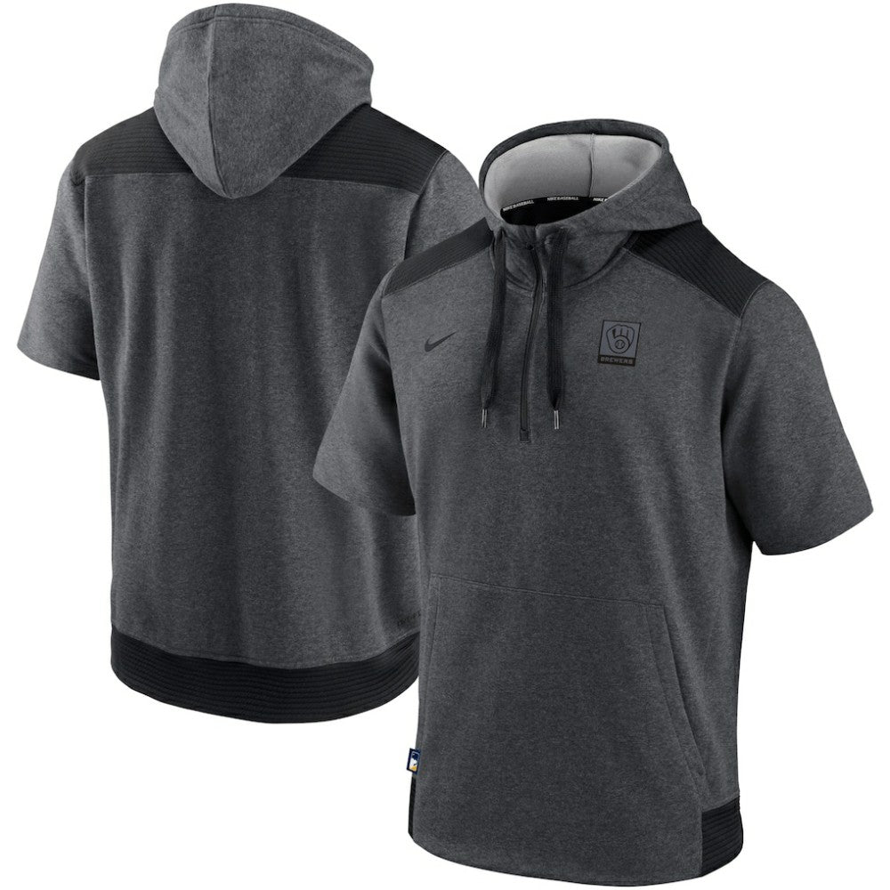 Milwaukee Brewers Nike Authentic Collection Dry Flux Performance Quarter-Zip Short Sleeve Hoodie - Heathered Charcoal/Black Hoodies
