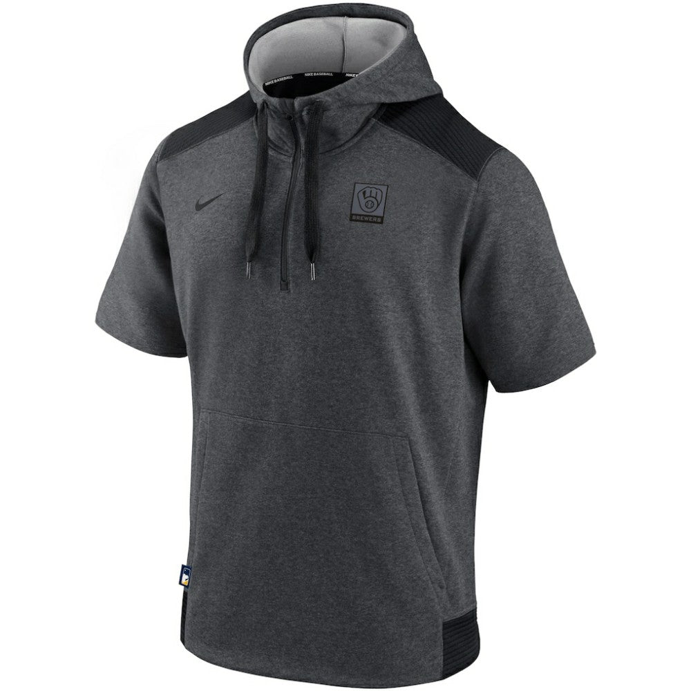 Milwaukee Brewers Nike Authentic Collection Dry Flux Performance Quarter-Zip Short Sleeve Hoodie - Heathered Charcoal/Black Hoodies