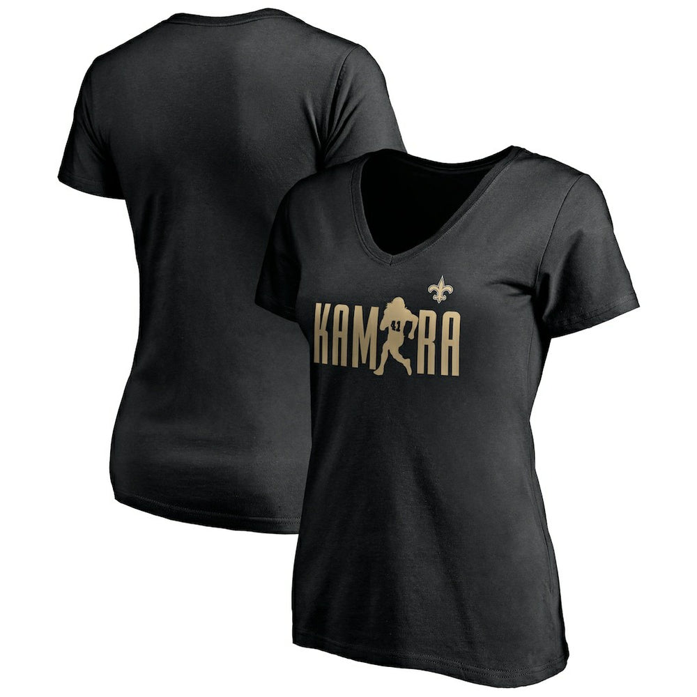 Alvin Kamara New Orleans Saints Women's Checkdown V-Neck T-Shirt - Black T-shirts