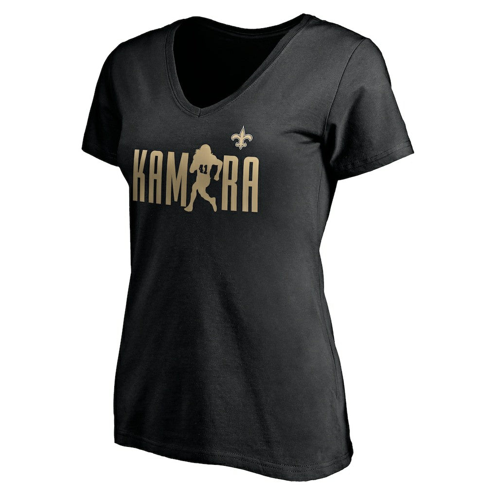 Alvin Kamara New Orleans Saints Women's Checkdown V-Neck T-Shirt - Black T-shirts