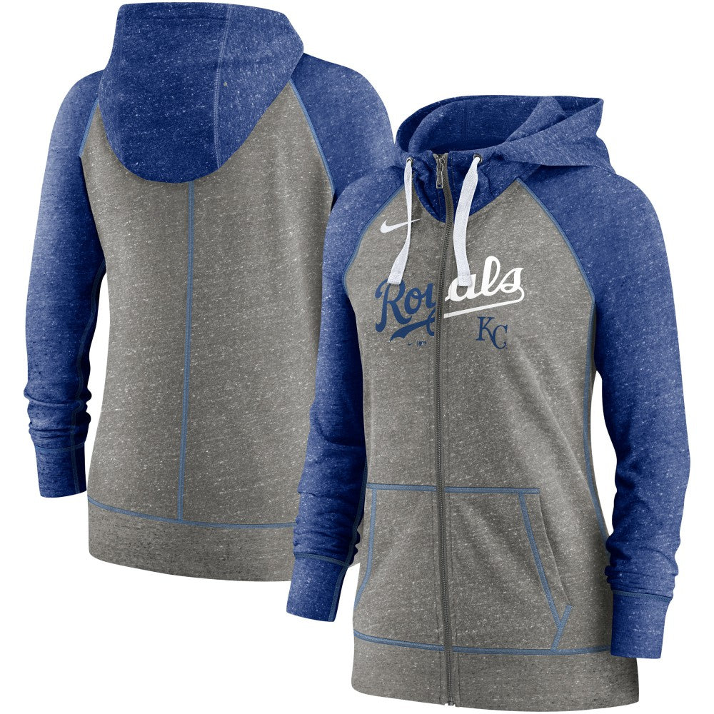 Kansas City Royals Nike Women's Split Wordmark Gym Vintage Raglan Lightweight Full-Zip Hoodie - Heather Charcoal/Heather Royal Hoodies
