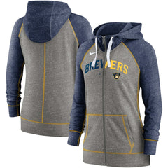 Milwaukee Brewers Nike Women's Split Wordmark Gym Vintage Raglan Lightweight Full-Zip Hoodie - Heather Charcoal/Heather Navy Hoodies