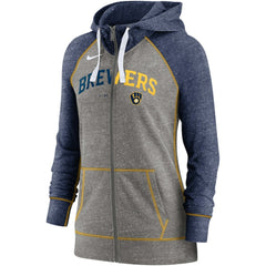Milwaukee Brewers Nike Women's Split Wordmark Gym Vintage Raglan Lightweight Full-Zip Hoodie - Heather Charcoal/Heather Navy Hoodies