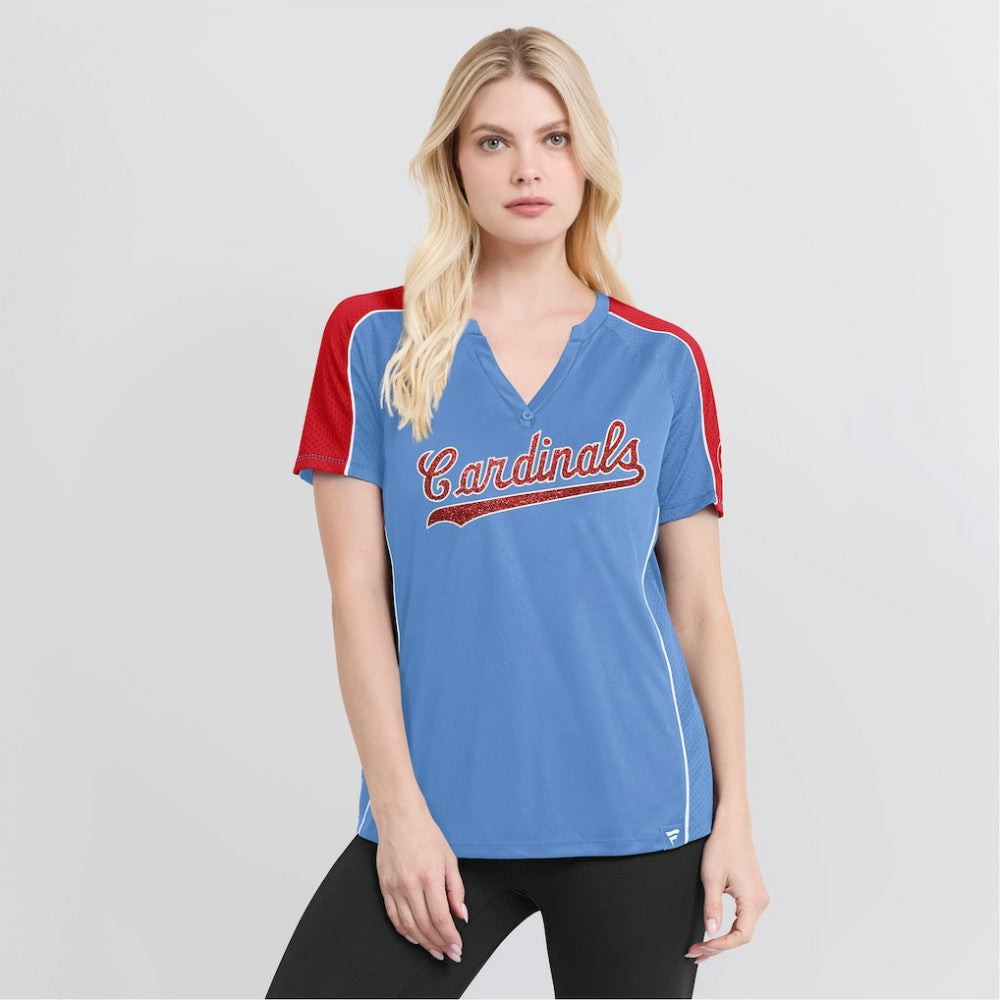 St. Louis Cardinals Fanatics Women's Light Blue/Red True Classic League Diva Pinstripe Raglan V-Neck T-Shirt T-shirts