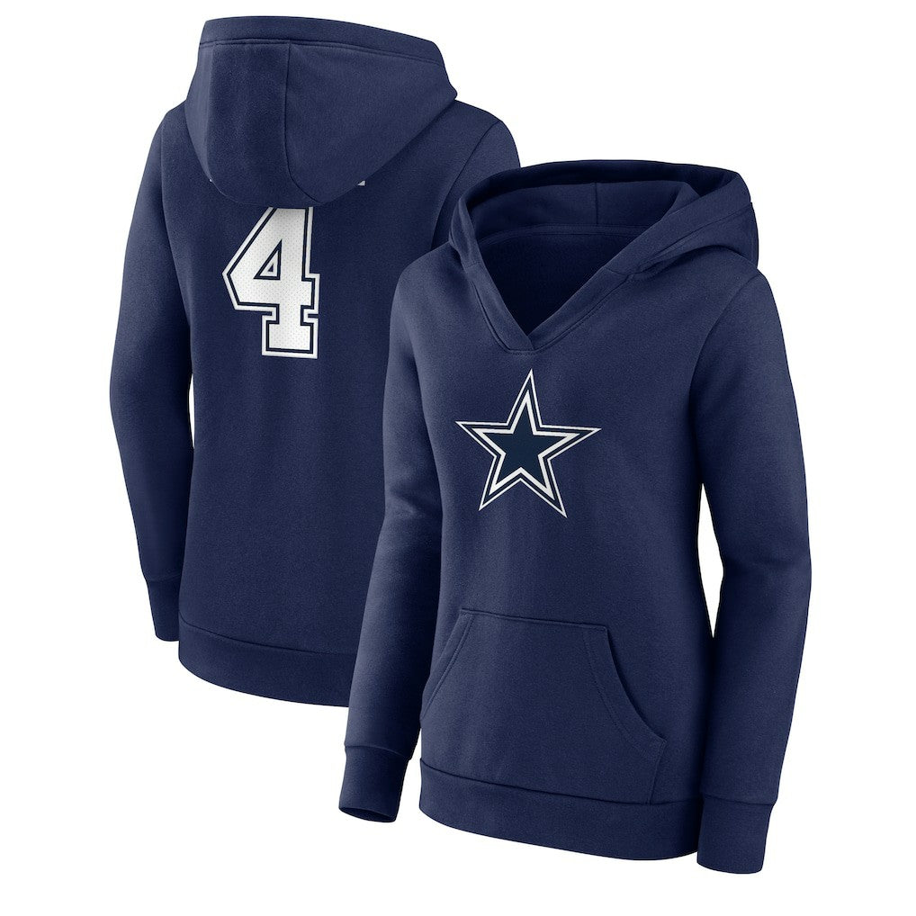 Dak Prescott Dallas Cowboys Women's Player Icon Name & Number V-Neck Pullover Hoodie - Navy Hoodies