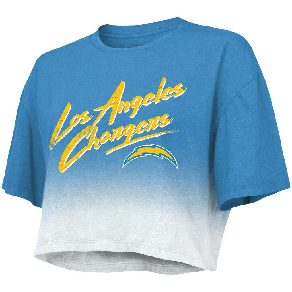 Justin Herbert Los Angeles Chargers Majestic Threads Women's Dip-Dye Player Name & Number Crop Top - Powder Blue/White Tops