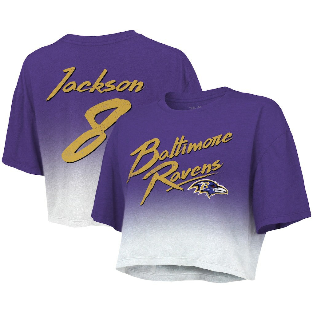 Lamar Jackson Baltimore Ravens Majestic Threads Women's Dip-Dye Player Name & Number Crop Top - Purple/White Tops