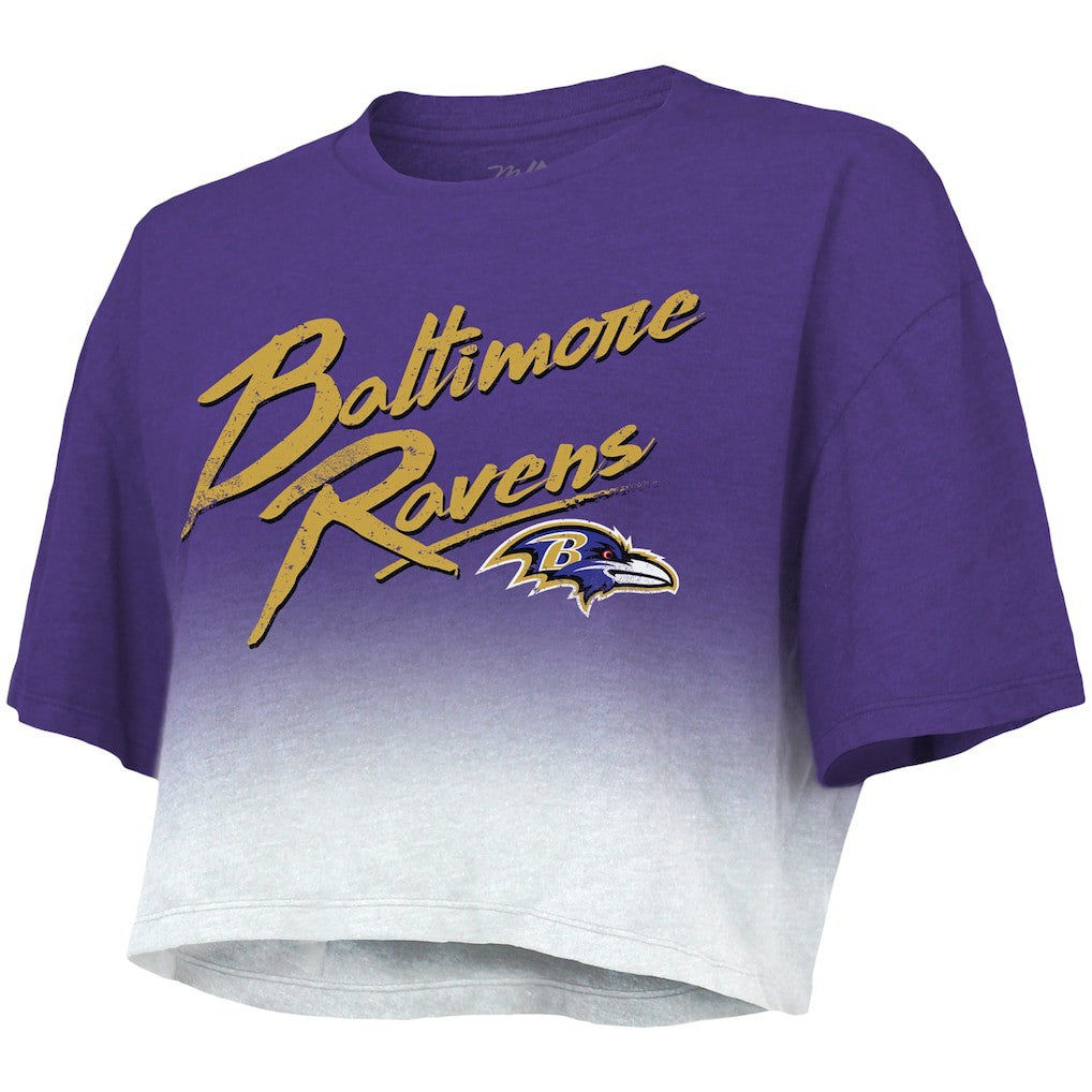 Lamar Jackson Baltimore Ravens Majestic Threads Women's Dip-Dye Player Name & Number Crop Top - Purple/White Tops