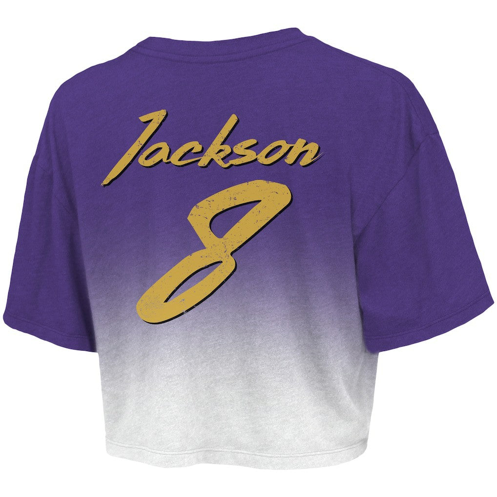 Lamar Jackson Baltimore Ravens Majestic Threads Women's Dip-Dye Player Name & Number Crop Top - Purple/White Tops