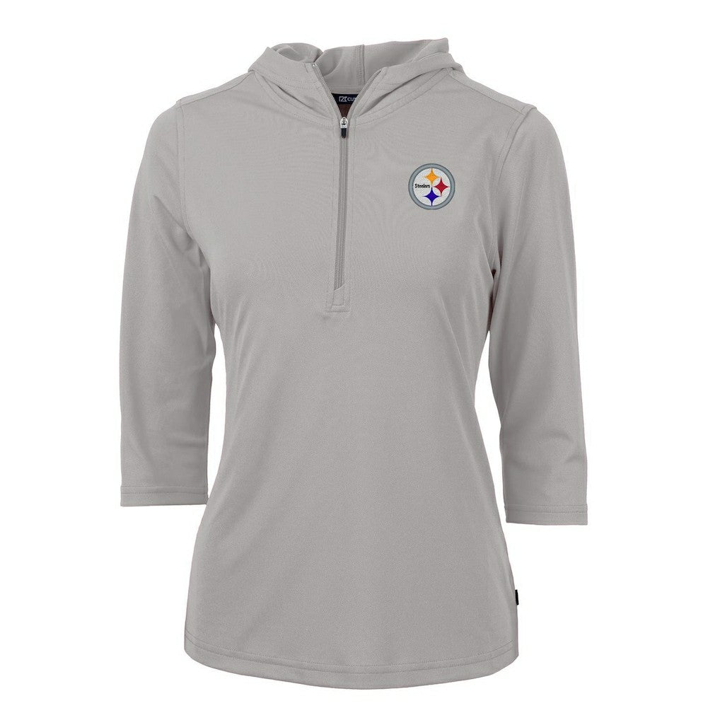 Pittsburgh Steelers Cutter & Buck Women's Virtue Eco Pique Half-Zip 3/4 Sleeve Pullover Hoodie - Gray Hoodies