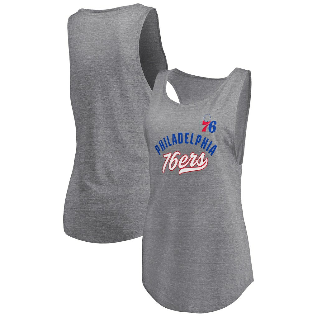 Philadelphia 76ers Women's Quality Time Open Scoop Neck Tri-Blend Tank Top Heathered Gray - Fanatics
