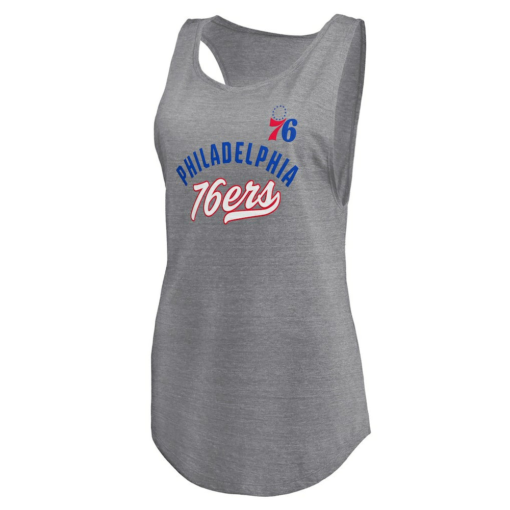Philadelphia 76ers Women's Quality Time Open Scoop Neck Tri-Blend Tank Top Heathered Gray - Fanatics
