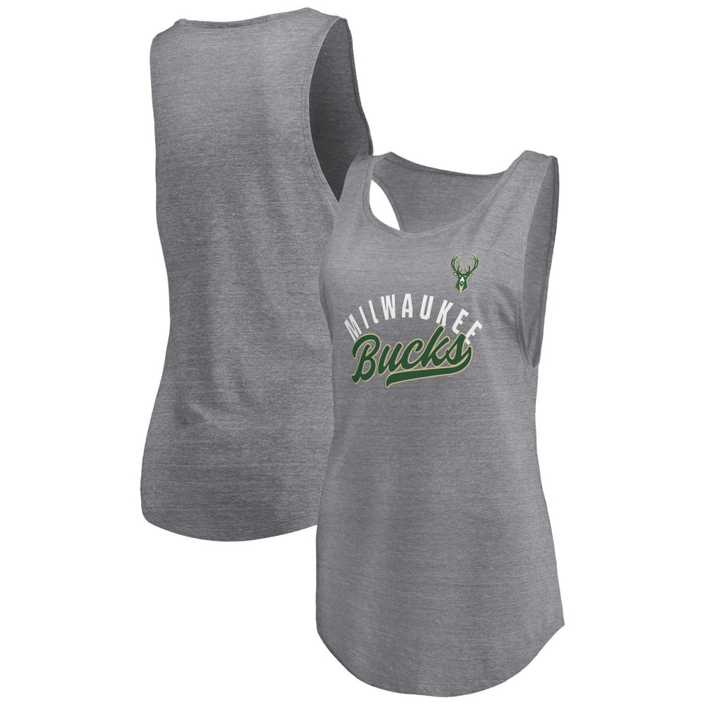 Milwaukee Bucks Women's Quality Time Open Scoop Neck Tri-Blend Tank Top Heathered Gray - Fanatics