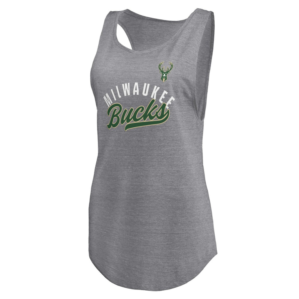 Milwaukee Bucks Women's Quality Time Open Scoop Neck Tri-Blend Tank Top Heathered Gray - Fanatics
