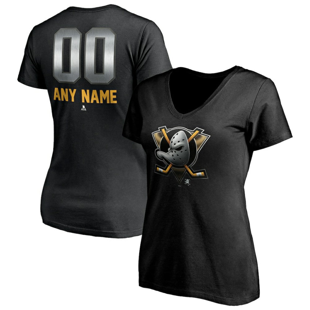 Anaheim Ducks Women's Personalized Midnight Mascot Logo V-Neck T-Shirt - Black | US 4444436