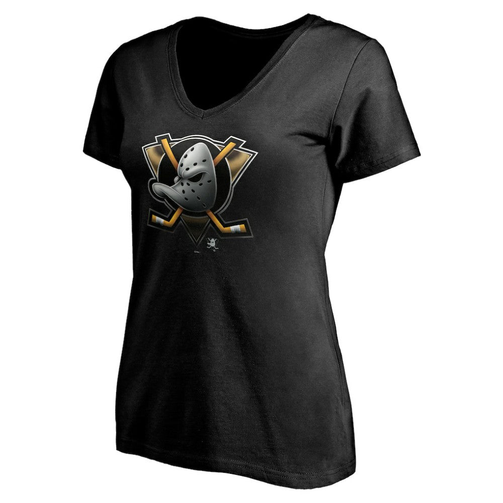Anaheim Ducks Women's Personalized Midnight Mascot Logo V-Neck T-Shirt - Black | US 4444436