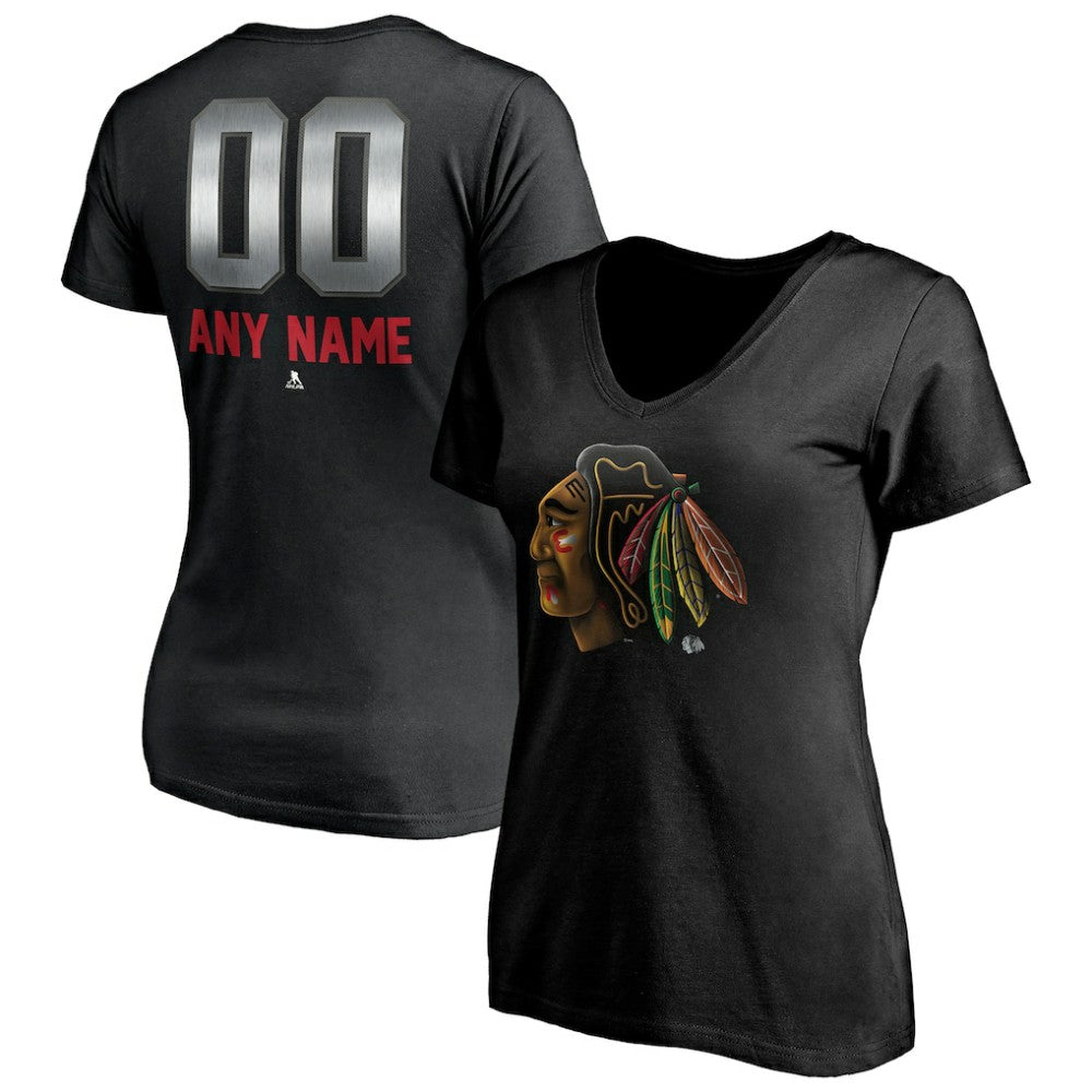 Chicago Blackhawks Women's Personalized Midnight Mascot Logo V-Neck T-Shirt - Black | US 4444440