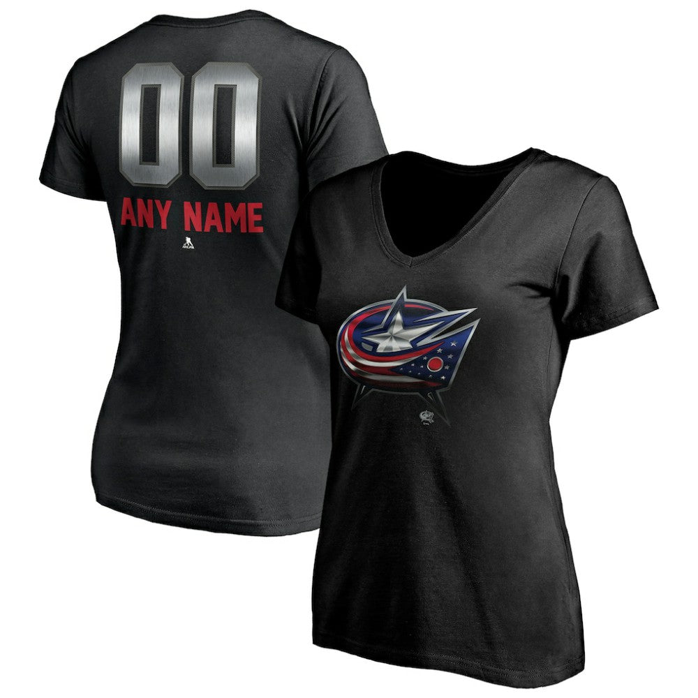 Columbus Blue Jackets Women's Personalized Midnight Mascot Logo V-Neck T-Shirt - Black | US 4444442