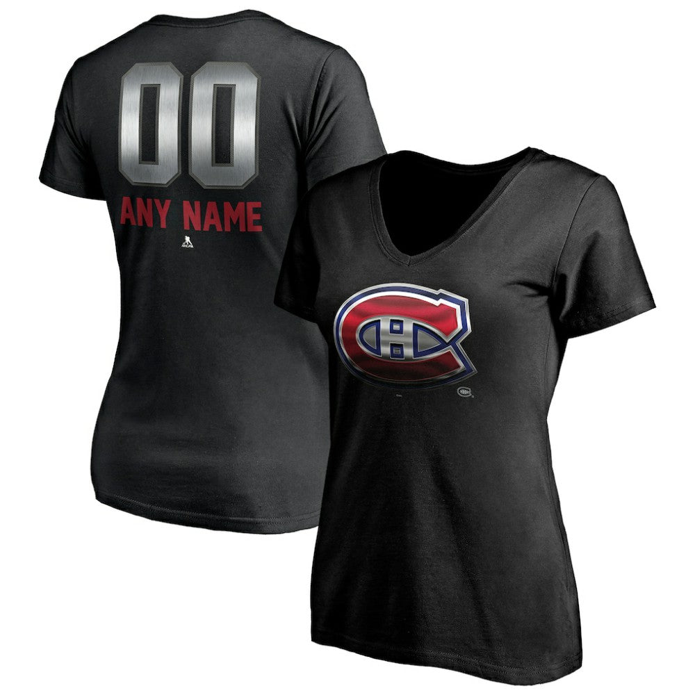 Montreal Canadiens Women's Personalized Midnight Mascot Logo V-Neck T-Shirt - Black | US 4444449
