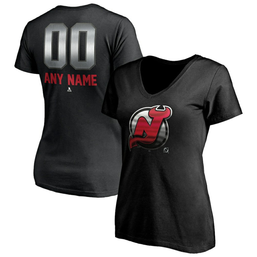 New Jersey Devils Women's Personalized Midnight Mascot Logo V-Neck T-Shirt - Black | US 4444451