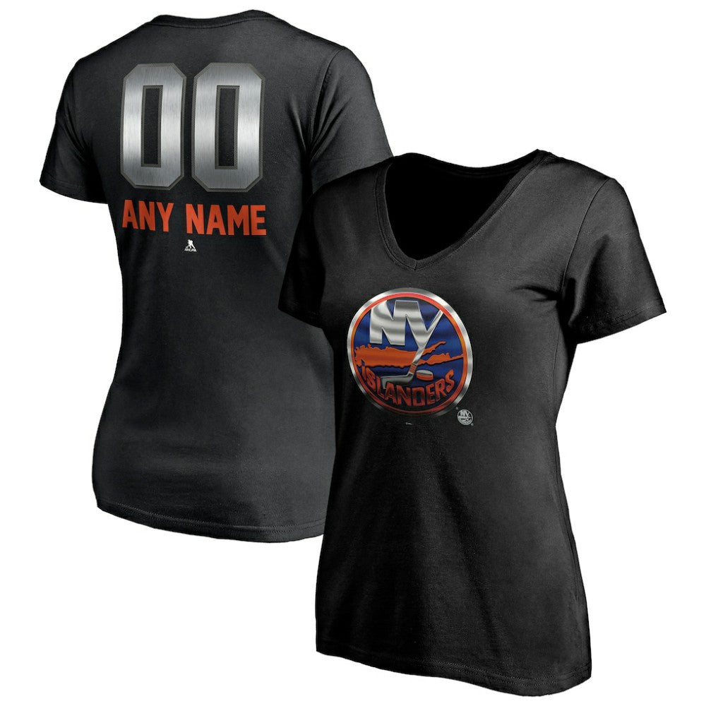 New York Islanders Women's Personalized Midnight Mascot Logo V-Neck T-Shirt - Black | US 4444452