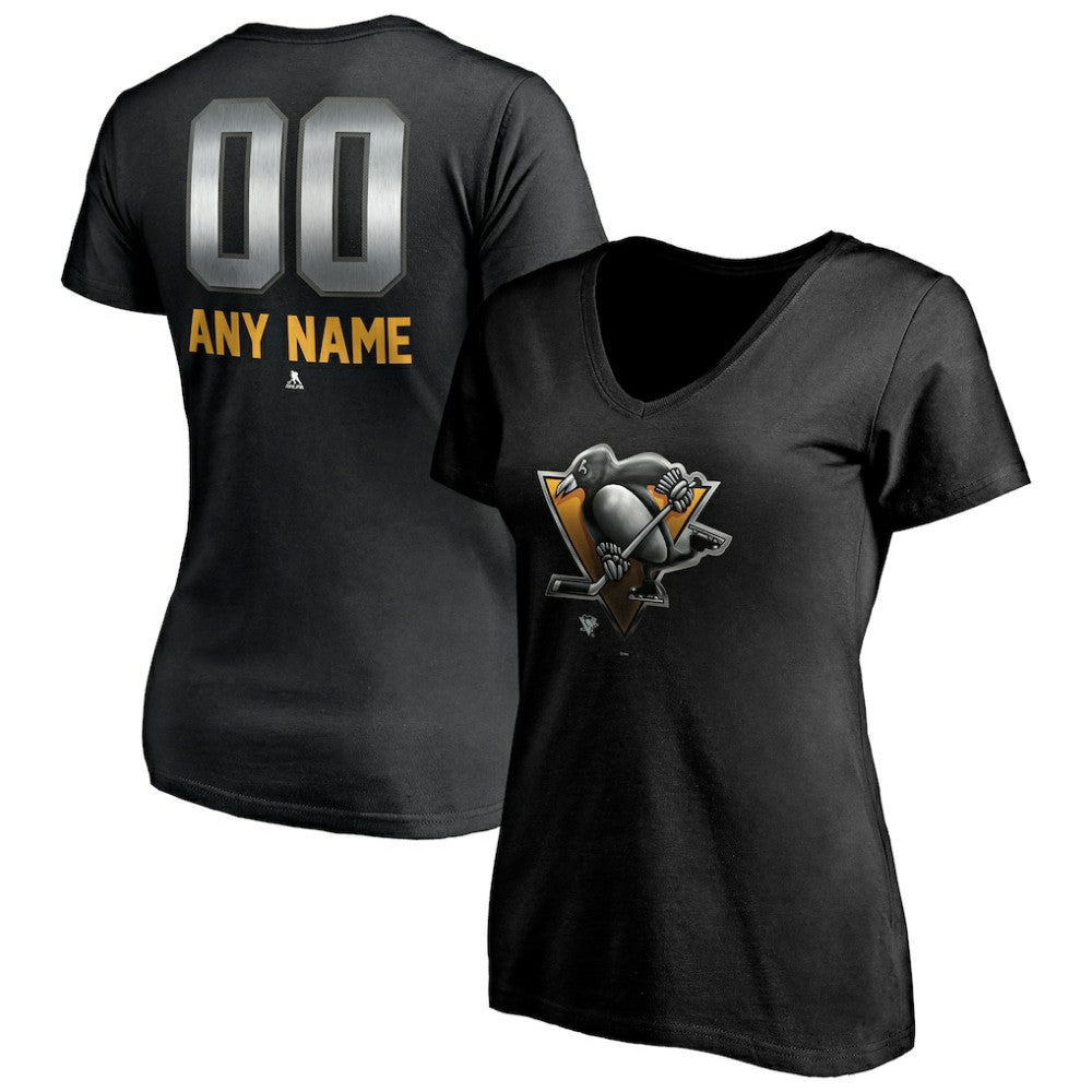 Pittsburgh Penguins Women's Personalized Midnight Mascot Logo V-Neck T-Shirt - Black | US 4444455