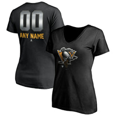 Pittsburgh Penguins Women's Personalized Midnight Mascot Logo V-Neck T-Shirt - Black | US 4444455