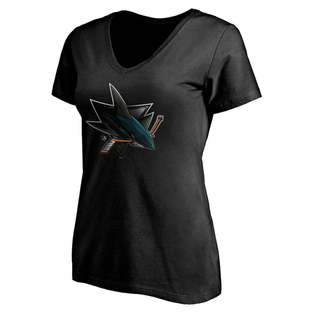 San Jose Sharks Women's Personalized Midnight Mascot Logo V-Neck T-Shirt - Black | US 4444456