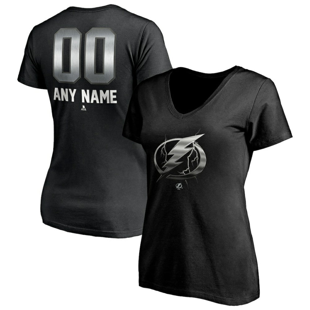 Tampa Bay Lightning Women's Personalized Midnight Mascot Logo V-Neck T-Shirt - Black | US 4444458