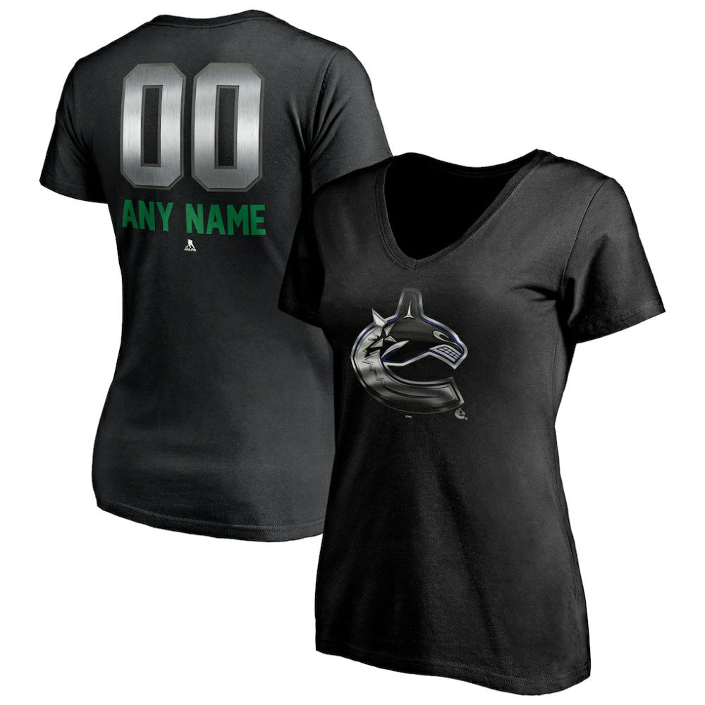 Vancouver Canucks Women's Personalized Midnight Mascot Logo V-Neck T-Shirt - Black | US 4444460