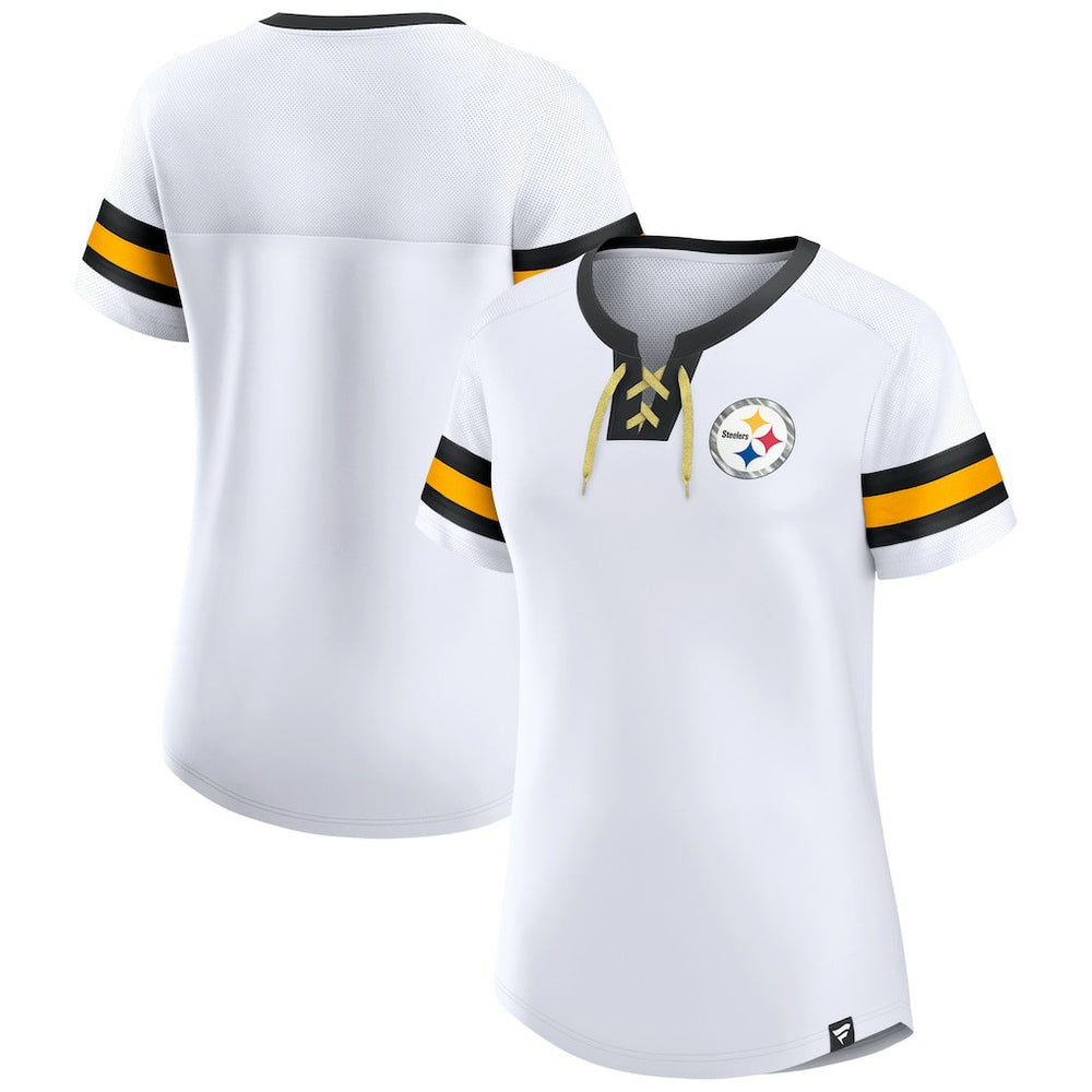 Pittsburgh Steelers Women's Sunday Best Lace-Up T-Shirt - White T-shirts