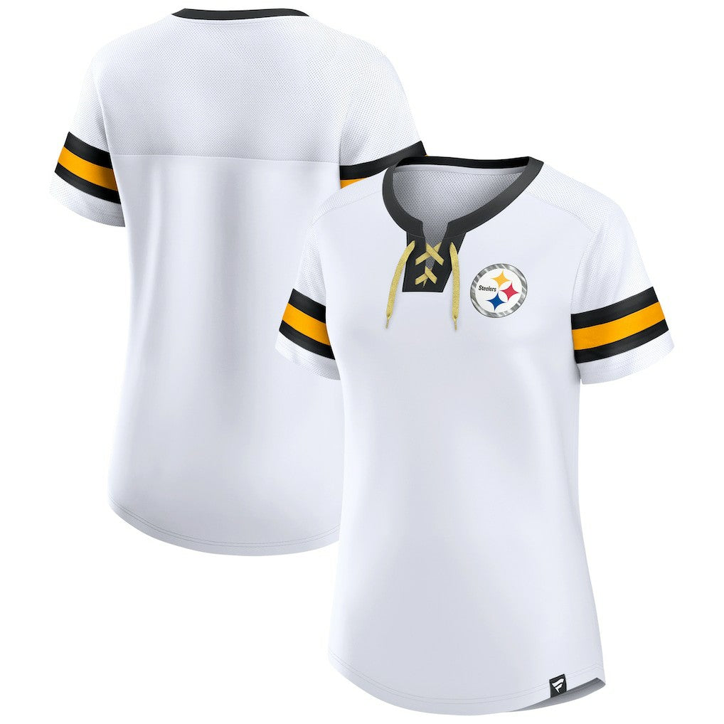 Pittsburgh Steelers Women's Sunday Best Lace-Up T-Shirt - White T-shirts
